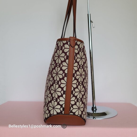 KATE SPADE Spade-Flower Jacquard and Leather Medium Open Tote- Burgundy Multi⭐ - Picture 8 of 16